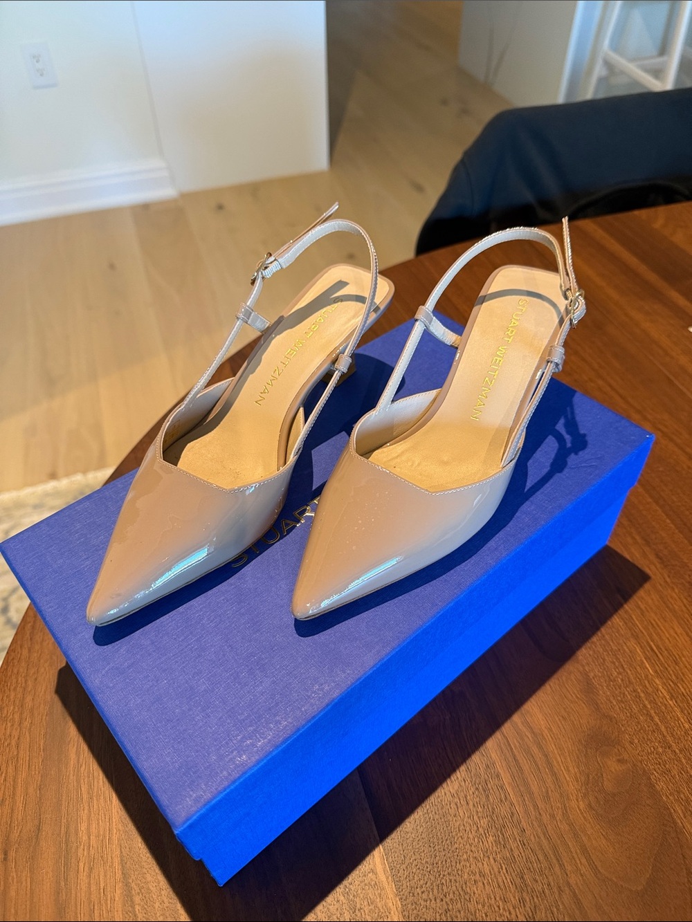 Stuart Weitzman Nude Patent Leather Slingback Pumps